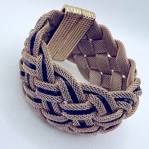 Gold Mesh Bracelet w/Black Leather Inlay and Magnetic Closure